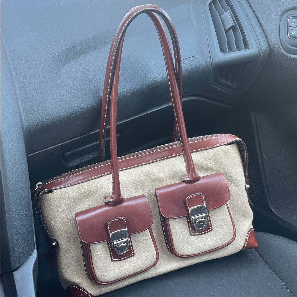 Dooney & Bourke Canvas and Brown Leather Pocket Tote Shoulder Bag